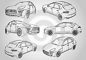 A set of several outline illustrations of an SUV. Vector illustration.