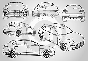 A set of several outline illustrations of an SUV. Vector illustration.