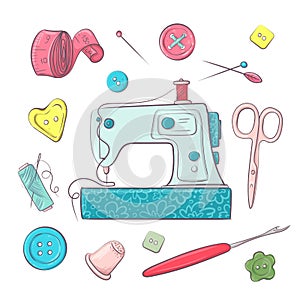 Set the sewing machine sewing accessories. Hand drawing. Vector illustration