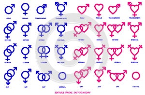 Set of sexual orientation gender or male female symbols.  stroke,