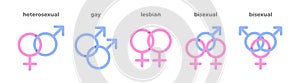 Set of sexual orientation vector symbols. Pink and blue icon signs representing male and female. LGBTQ+ graphic elements. Hetero,