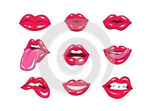 Set of sexy red pop art lips. Woman`s lips expressing different emotions, kiss, half-open mouth, such as smile