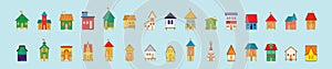 Set of shack or huts cartoon icon design template with various models. vector illustration isolated on blue background