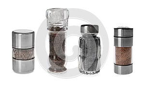 Set of shakers with black salt isolated on white