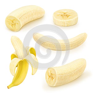 Set of shalled bananas on a white.