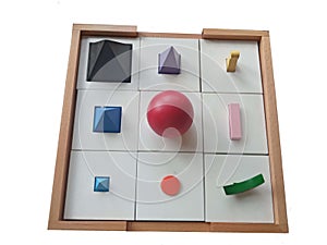 Set of shape Montessori method learning. logic games for preschool kids Pyramid shape, sphere, circle, rectangle, circle shapes.