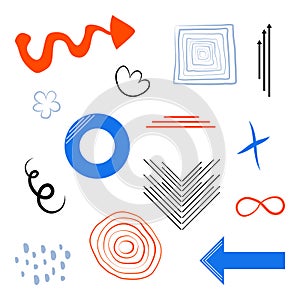 Set of shapes and doodle. Abstract arrows, trendy vector objects.