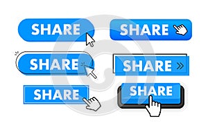 Set of Share button. Hand pointer clicking. Share web buttons
