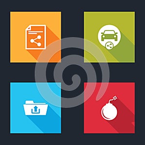 Set Share file, Car sharing, Folder upload and Bomb ready to explode icon. Vector