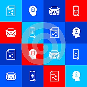 Set Share file, Head with low battery, Car sharing and Flight mode the mobile icon. Vector