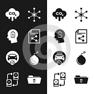 Set Share file, Head with low battery, CO2 emissions in cloud, Network, Car sharing and Bomb ready to explode icon