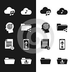 Set Share folder, Head hunting concept, Music streaming service, , file and Flight mode the mobile icon. Vector