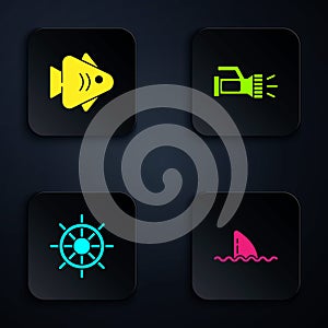 Set Shark fin in ocean wave, Fish, Ship steering wheel and Flashlight. Black square button. Vector