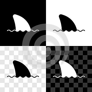Set Shark fin in ocean wave icon isolated on black and white, transparent background. Vector