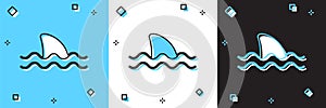 Set Shark fin in ocean wave icon isolated on blue and white, black background. Vector