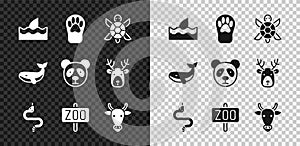Set Shark fin in ocean wave, Paw print, Turtle, Snake, Zoo park, Cow head, Whale and Cute panda face icon. Vector