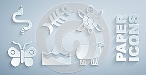 Set Shark fin in ocean wave, Turtle, Butterfly, Sheep, Fish skeleton and Snake icon. Vector