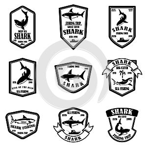 Set of shark fishing emblems. Design element for logo, label, sign, poster, t shirt.