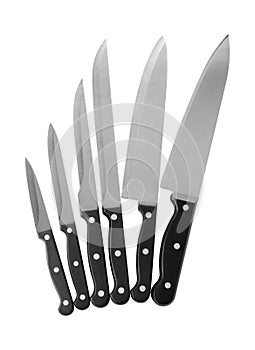 Set of sharp knives on white background