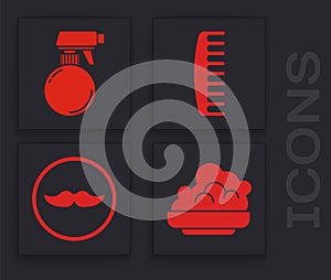 Set Shaving gel foam, Hairdresser pistol spray bottle, Hairbrush and Mustache icon. Vector