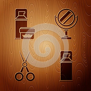 Set Shaving gel foam, Shaving gel foam, Scissors hairdresser and Round makeup mirror on wooden background. Vector