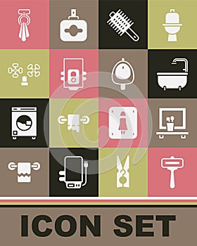 Set Shaving razor, Washbasin mirror, Bathtub, Hairbrush, Gas boiler, Water tap, Towel on hanger and Toilet urinal
