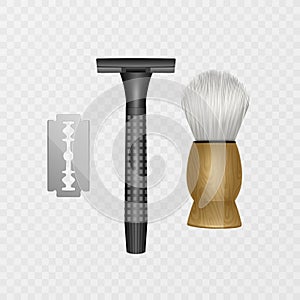 Set of shaving tools, razor blades and foam brush on white background