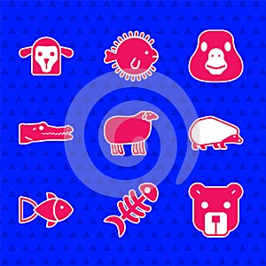 Set Sheep, Fish skeleton, Bear head, Hedgehog, Crocodile, Goose bird and icon. Vector