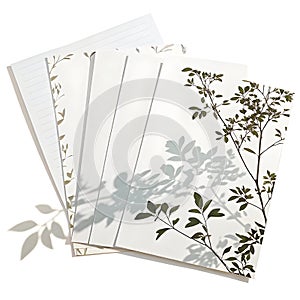 Set of A4 and A5 sheets with plant shadow isolated on white background