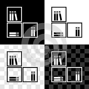 Set Shelf with books icon isolated on black and white, transparent background. Shelves sign. Vector