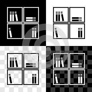 Set Shelf with books icon isolated on black and white, transparent background. Shelves sign. Vector