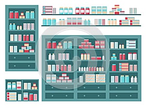 Set of shelves with medical pharmacology product