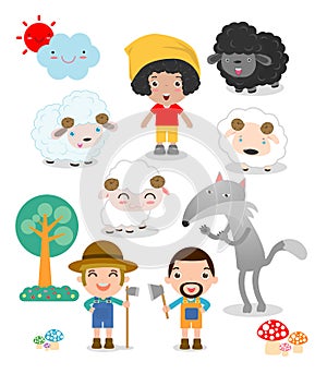 Set of shepherd boy with wolf , story for kids vector illustration