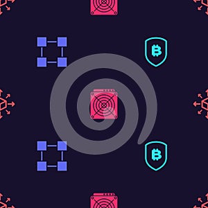 Set Shield with bitcoin, Blockchain technology, ASIC Miner and Distribution on seamless pattern. Vector