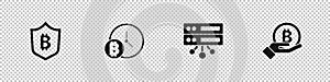 Set Shield with bitcoin, Bitcoin clock, Server and Hand holding icon. Vector