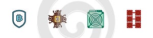Set Shield with bitcoin, CPU mining farm, ASIC Miner and Mining icon. Vector