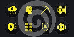 Set Shield with bitcoin, Cryptocurrency circuit, Mining farm, , Pickaxe and Brain as digital board icon. Vector