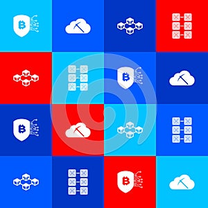 Set Shield with bitcoin, Cryptocurrency cloud mining, Blockchain technology and Mining farm icon. Vector