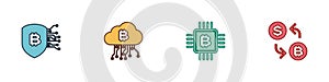 Set Shield with bitcoin, Cryptocurrency cloud mining, CPU farm and exchange icon. Vector