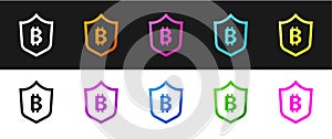 Set Shield with bitcoin icon isolated on black and white background. Cryptocurrency mining, blockchain technology