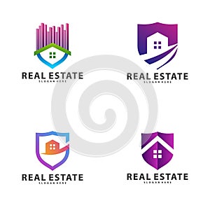 Set of Shield with Building Idea logo template, Modern City with Shield logo designs concept, Real Estate logo Vector Illustration