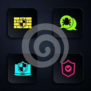Set Shield with check mark, brick wall, Laptop protected shield and System bug. Black square button. Vector