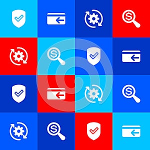 Set Shield with check mark, Cash back, Gear and arrows workflow and Magnifying glass dollar icon. Vector