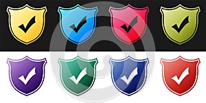 Set Shield with check mark icon isolated on black and white background. Protection symbol. Security check Icon. Tick