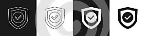 Set Shield with check mark icon isolated on black and white background. Protection symbol. Security check Icon. Tick