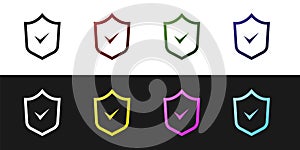 Set Shield with check mark icon isolated on black and white background. Security, safety, protection, privacy concept