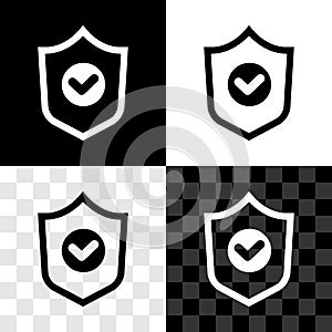 Set Shield with check mark icon isolated on black and white, transparent background. Protection symbol. Security check