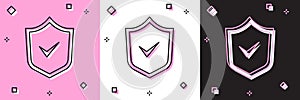 Set Shield with check mark icon isolated on pink and white, black background. Security, safety, protection, privacy