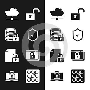 Set Shield with check mark, Server security lock, Network cloud connection, Open padlock, Document and, Secure your site