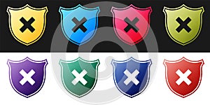 Set Shield and cross x mark icon isolated on black and white background. Denied disapproved sign. Protection, safety
